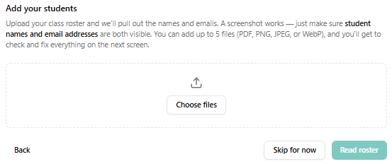Roster upload step explaining that a PDF or screenshot of a class roster can be uploaded for Lab-Tag to read student names and email addresses