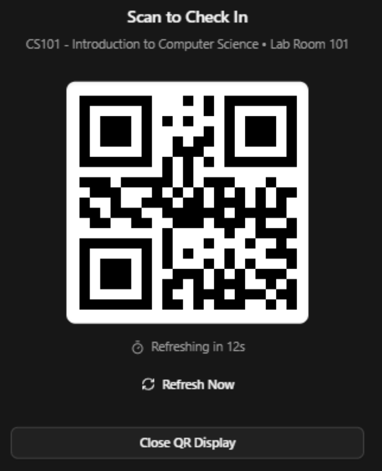 Classroom check-in screen showing a scannable QR code for a CS101 lab session in Lab Room 101